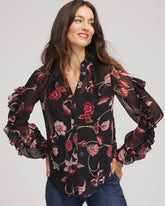 Chico's Women | Georgette Celtic Blooms Blouse BLACK
