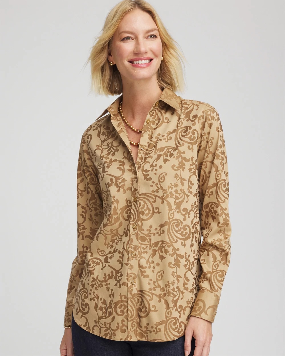 Chico's Women | No Iron™ Jacquard Scrolls Shirt GOLD