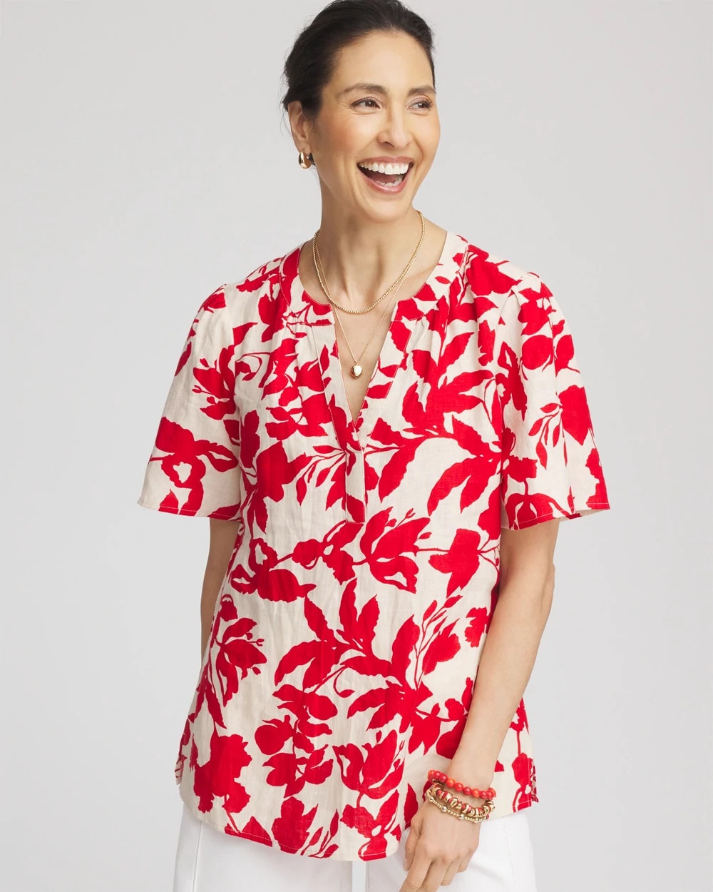 Chico's Women | Floral Linen Popover Shirt RED GLOW