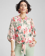 Chico's Women | Floral Satin Tie-Front Pullover Top CORAL BLOSSOM