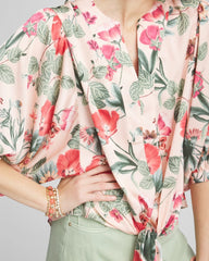 Chico's Women | Floral Satin Tie-Front Pullover Top CORAL BLOSSOM