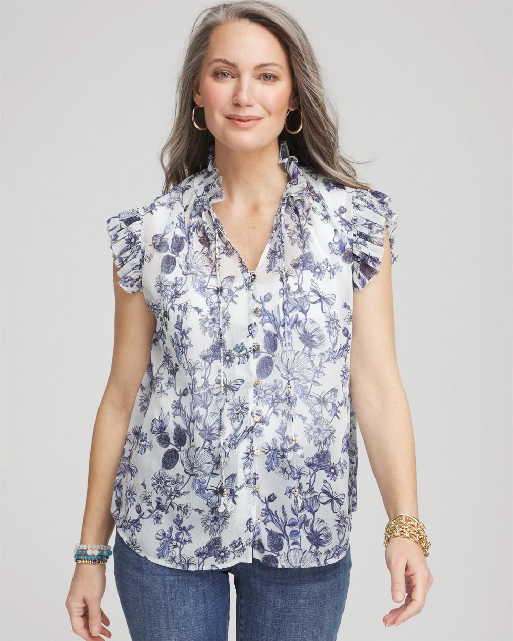 Chico's Women | Butterfly Ruffle Collar Blouse PALE TURQ BLUE