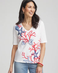 Chico's Women | Coral Print V-Neck Perfect Tee ALABASTER
