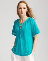 Chico's Women | Linen Lace-Cutwork Sleeve Henley Tee SEASPRAY