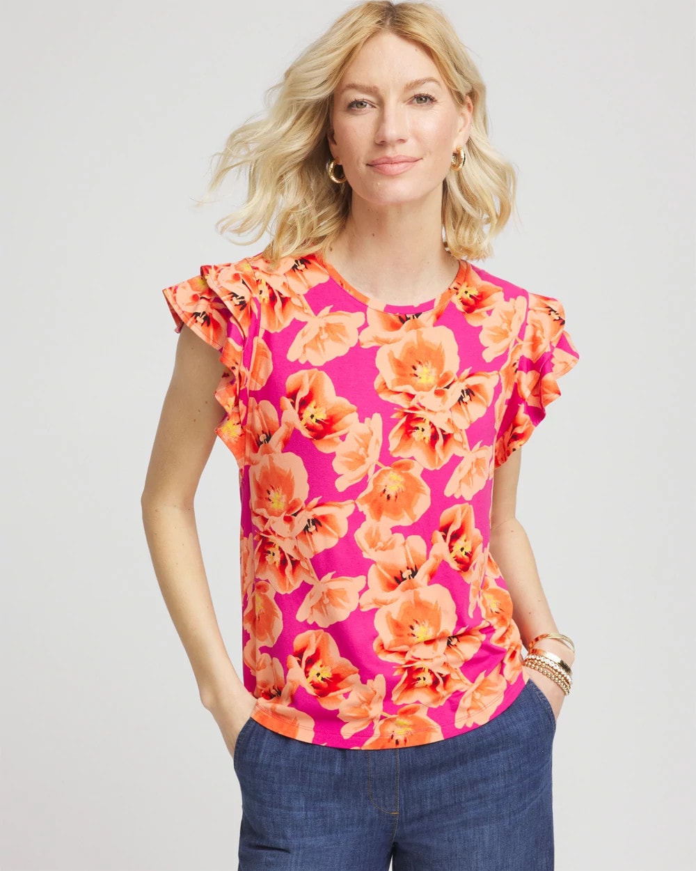 Chico's Women | Touch of Cool™ Tropical Flutter Sleeve Tee CRUSHED BERRIES