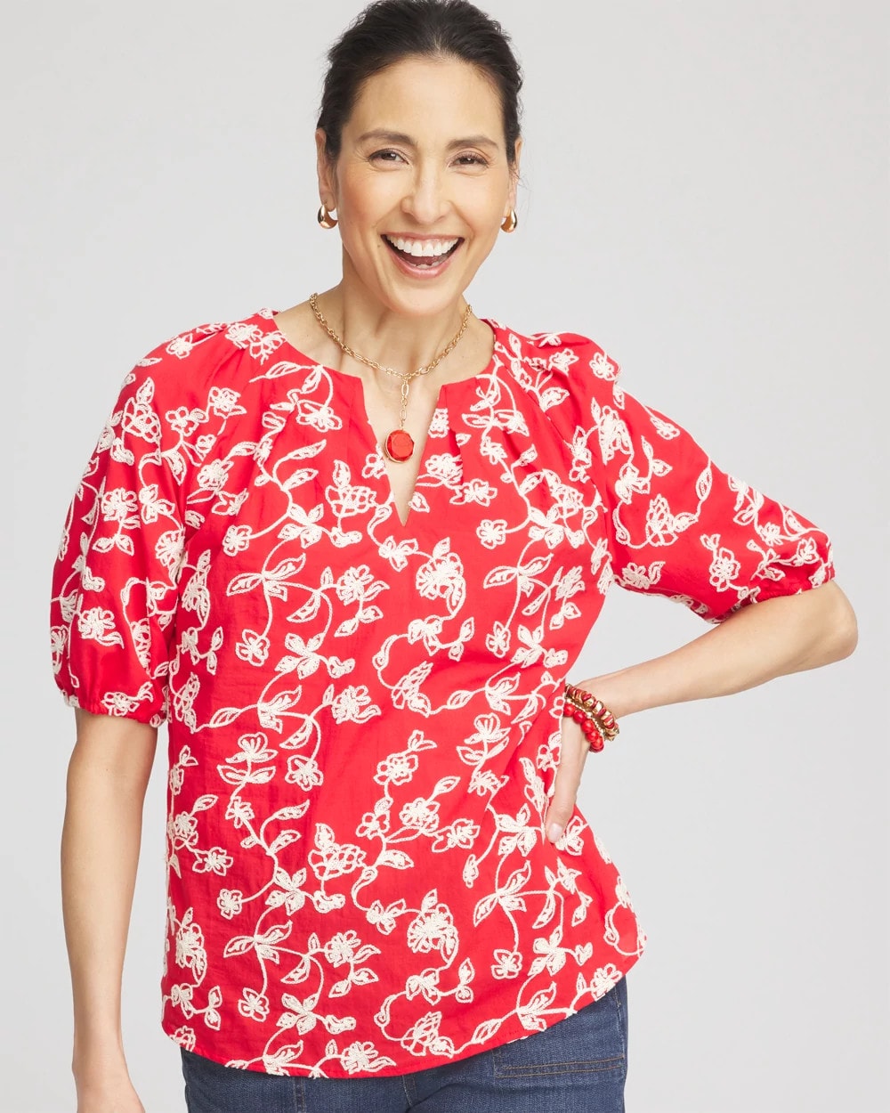 Chico's Women | Floral Embroidered Cotton Peasant Blouse RED GLOW