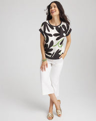 Chico's Women | Floral Rib-Knit Satin Top ECRU
