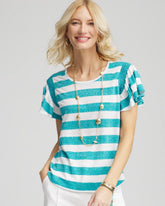 Chico's Women | Linen Metallic Striped Flutter-Sleeve Tee SEASPRAY