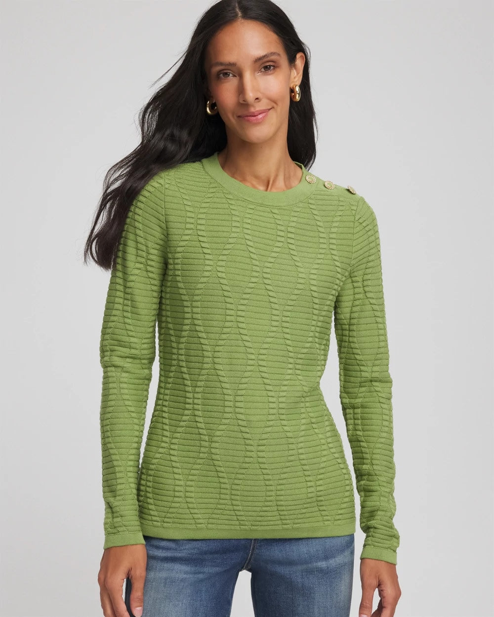 Chico's Women | Button Shoulder Crewneck Pullover GREEN FIG