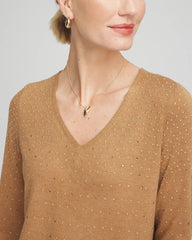 Chico's Women | Ella V-Neck Embellished Pullover Sweater FAUX CAMEL HEATHER