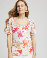 Chico's Women | Floral Print Crochet-Trim Pullover Sweater ALABASTER