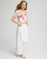 Chico's Women | Floral Print Crochet-Trim Pullover Sweater ALABASTER