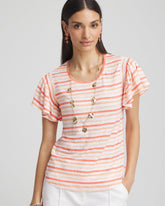 Chico's Women | Striped Linen Smocked Flutter-Sleeved Tee MELON MAMBO