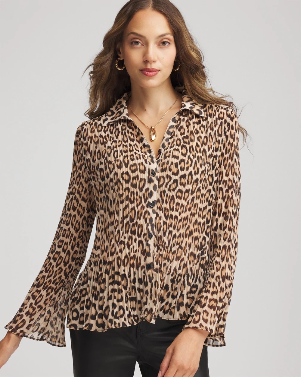 Chico's Women | Animal-Print Pleated Georgette Blouse BLACK