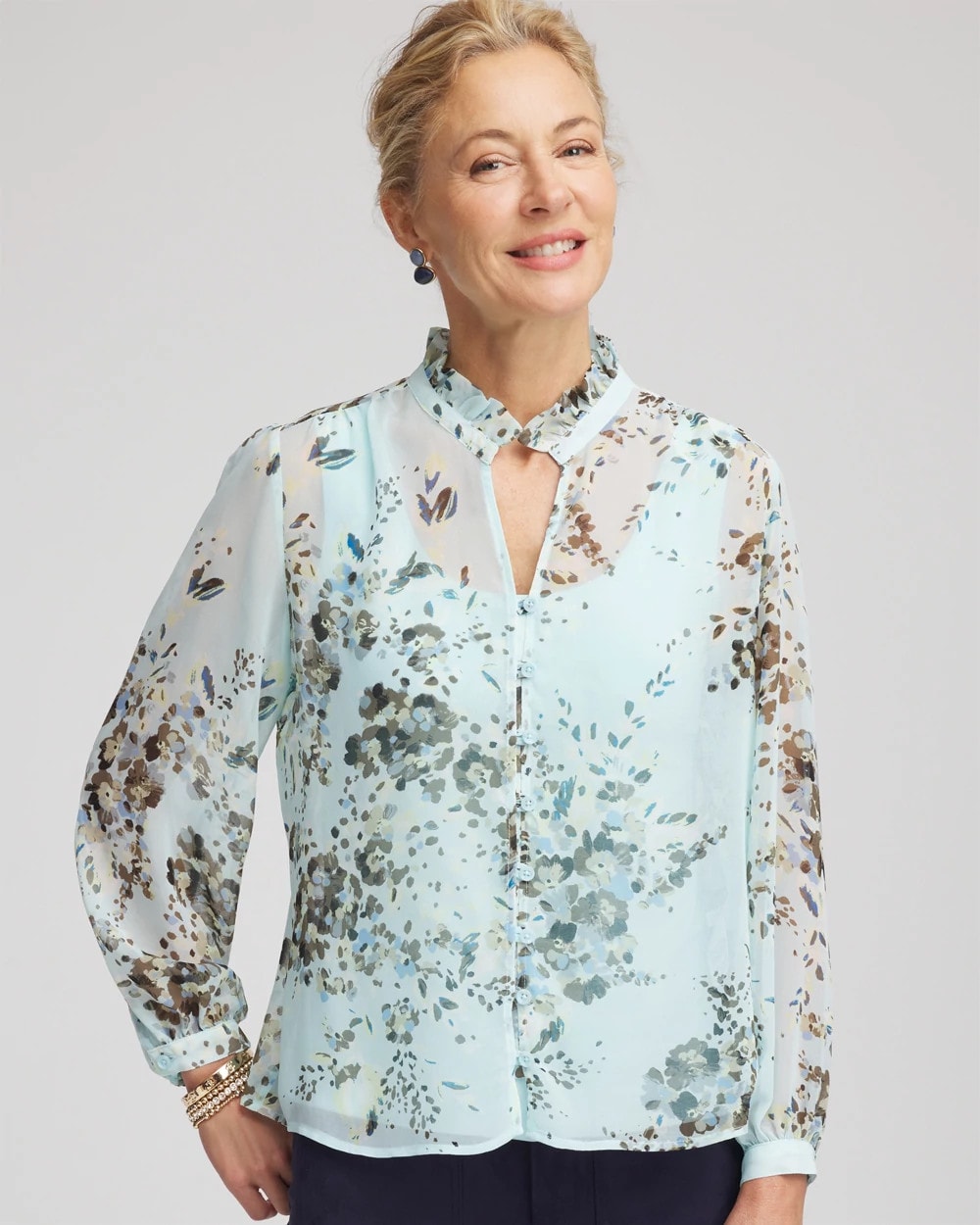 Chico's Women | Floral Georgette Peasant Blouse BLUE MENTHE
