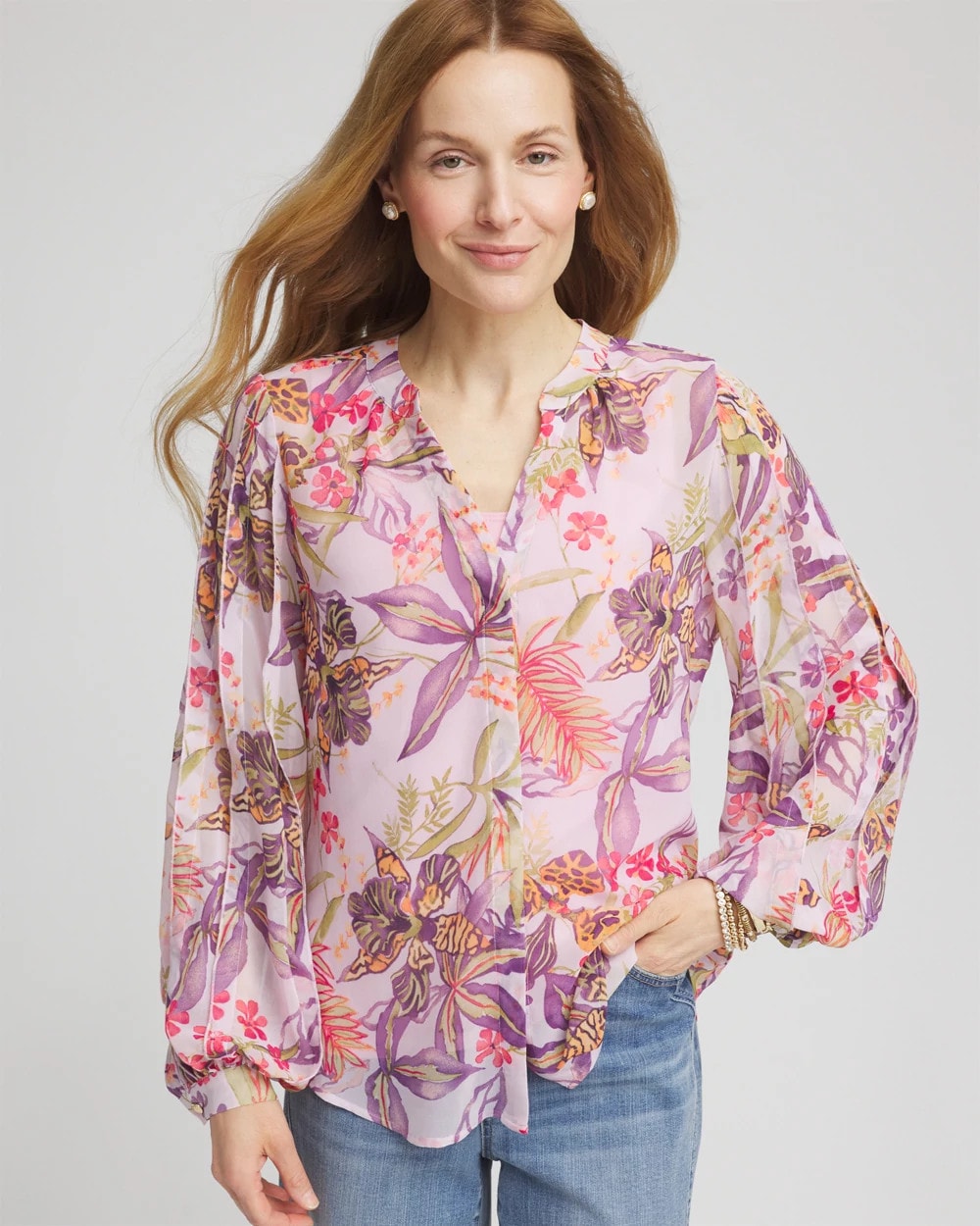 Chico's Women | Floral Georgette Pintuck Blouse PLUM SHADE