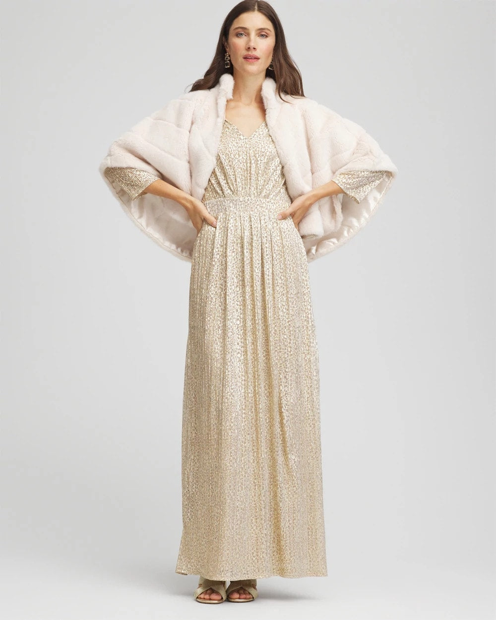 Chico's Women | Metallic Knit Pleated Maxi Dress GOLD