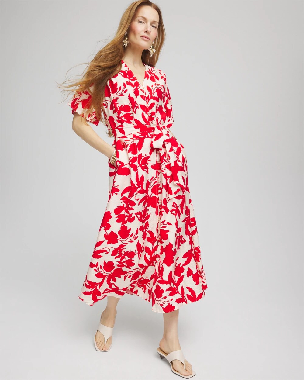 Chico's Women | Floral Ruffle-Sleeved Midi Dress ECRU