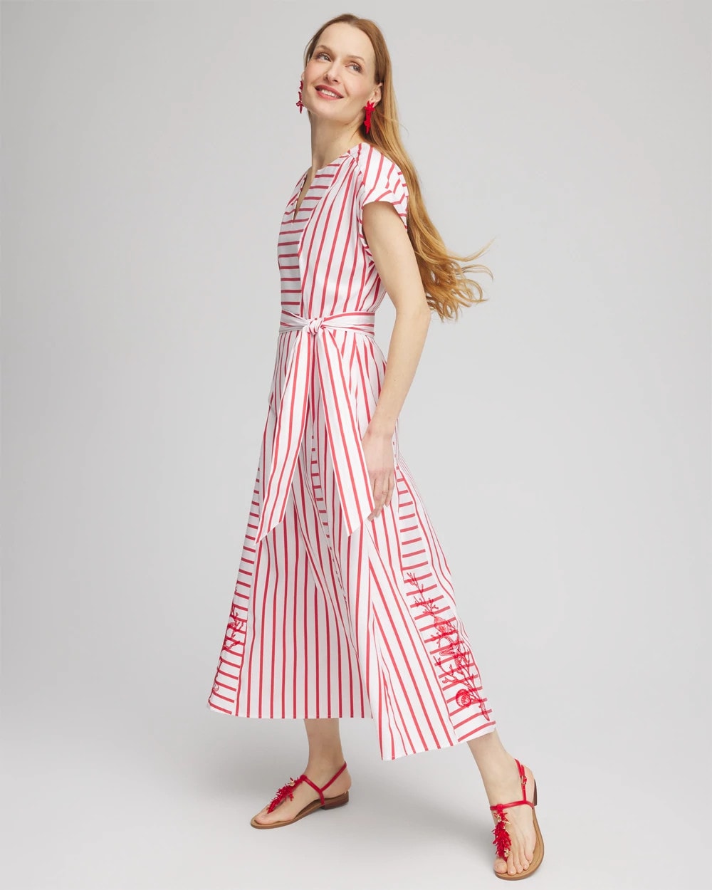 Chico's Women | Embroidered Godet Striped Maxi Dress ALABASTER