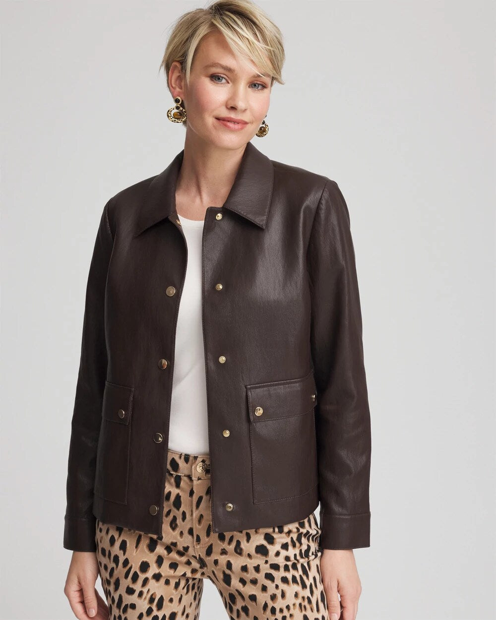 Snap Front Faux Leather Jacket