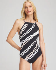 Chico's Women | Gottex High Neck Halter Top Swimsuit BLACK/NATURAL CREAM