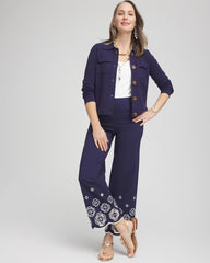 Chico's Women | Petite Brigitte™ 180 Embroidered Wide-Leg Cropped Pants PASSPORT BLUE