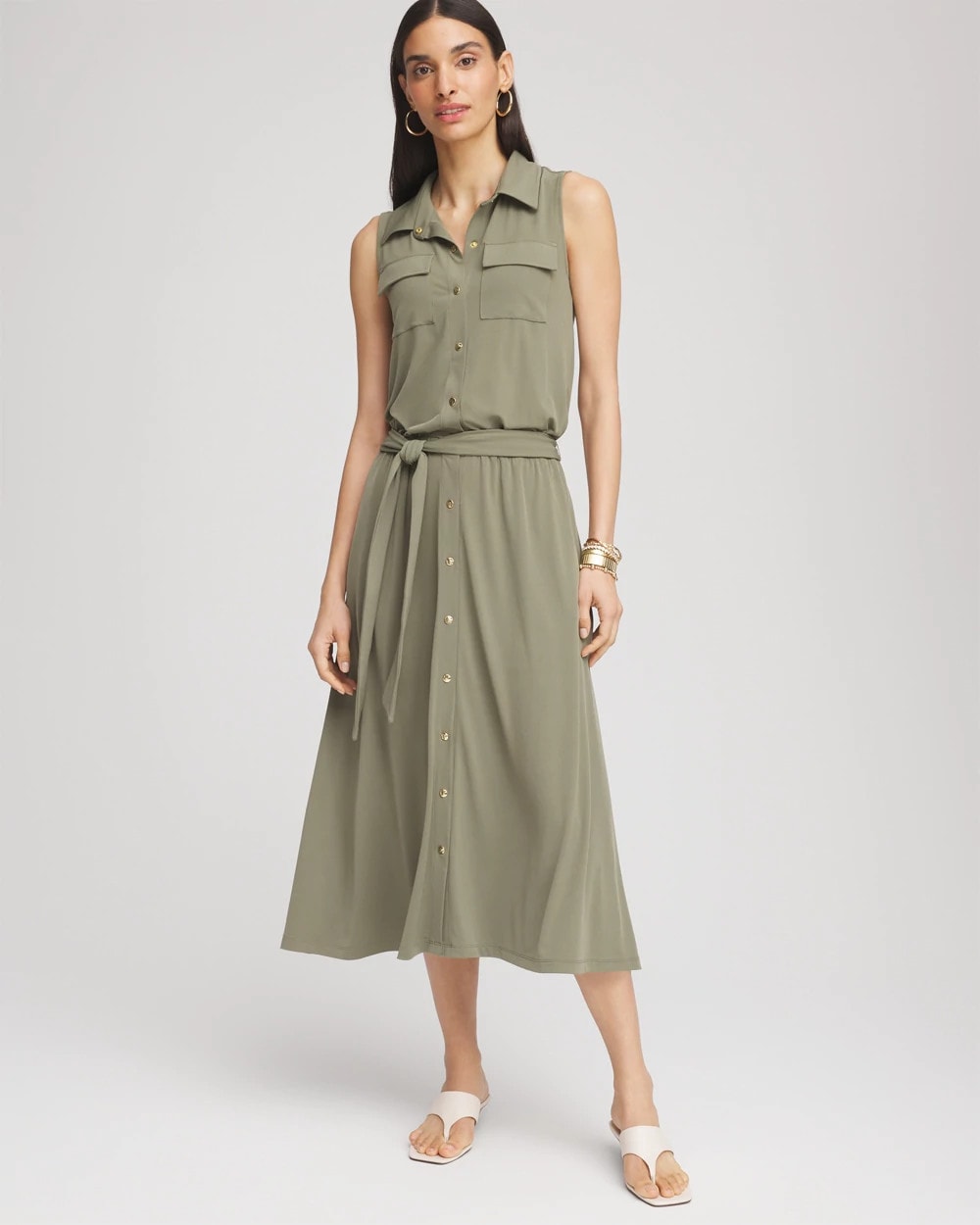 Chico's Women | Petite Travelers™ Knit Sleeveless Shirtdress DUSTY OLIVE