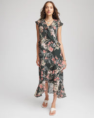 Chico's Women | Petite Floral Ruffle-Trim Chiffon Dress DARKEST SPRUCE