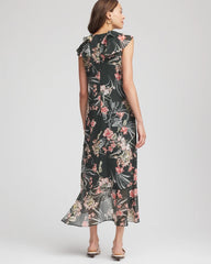 Chico's Women | Petite Floral Ruffle-Trim Chiffon Dress DARKEST SPRUCE