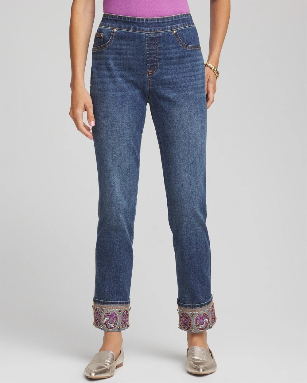 Chico's Women | Petite Embellished Pull-On Slim Ankle Jeggings BUTTERCUP INDIGO