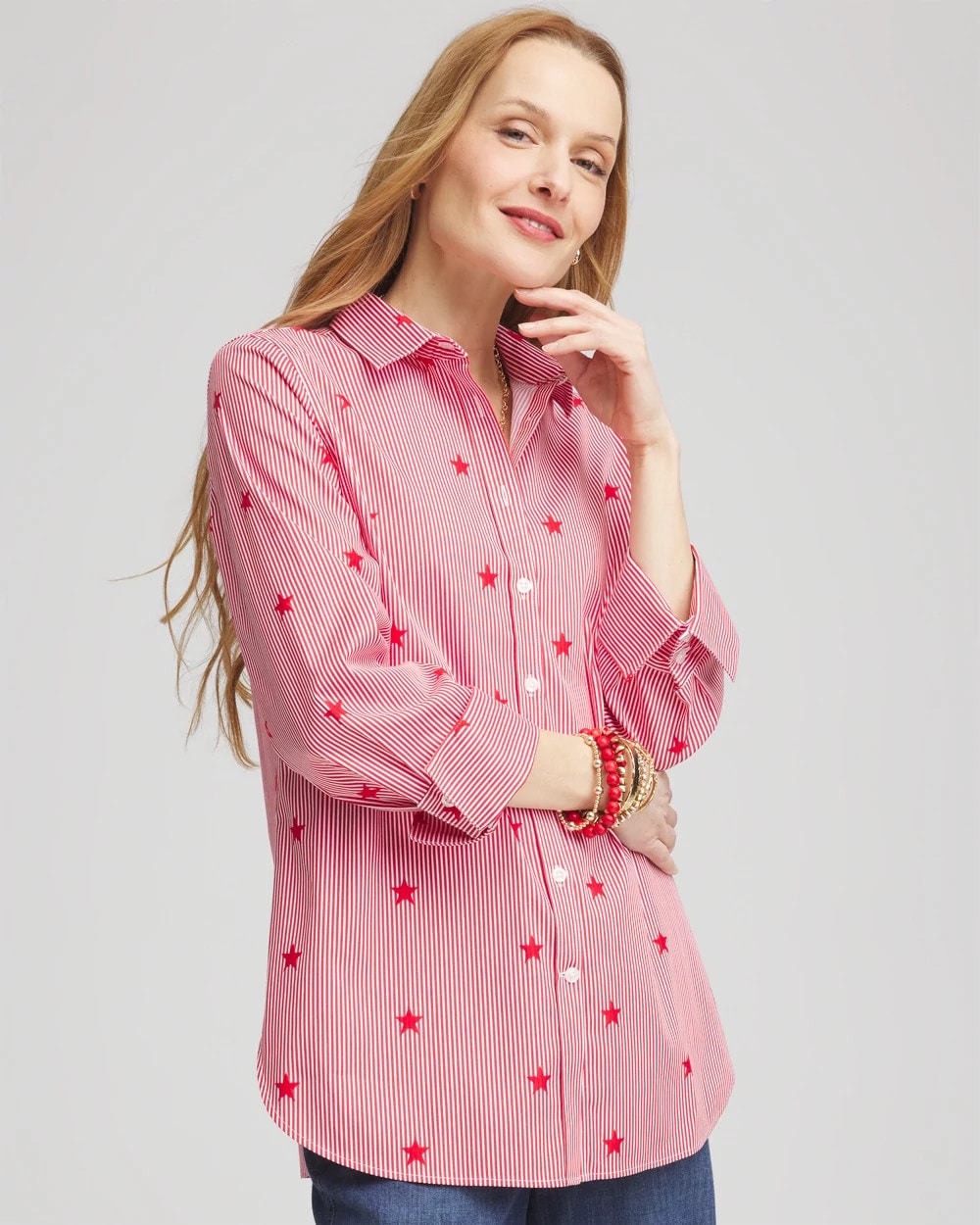 Chico's Women | No Iron™ Stars & Stripes Sateen Shirt RED GLOW