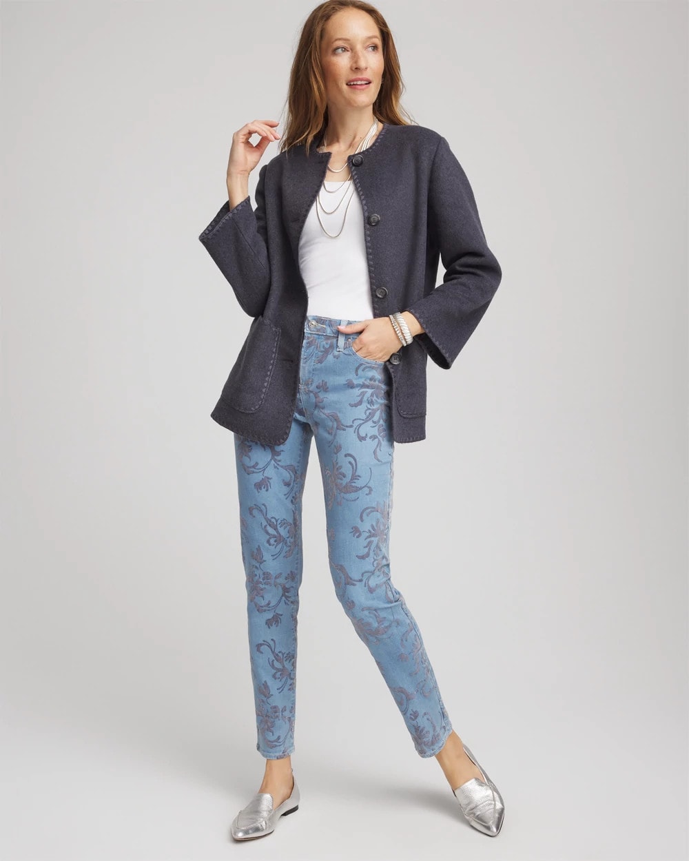 Chico's Women | Girlfriend Slim Ankle Flocked Jeans FINFLOW INDIGO