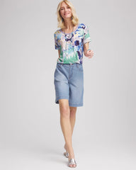 Chico's Women | Tropical Nights Sweater-Trim Linen Tee BLUE CASA