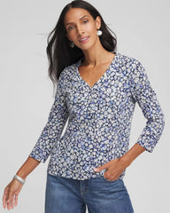 Chico's Women | Printed Slub Splitneck Button Tee PASSPORT BLUE