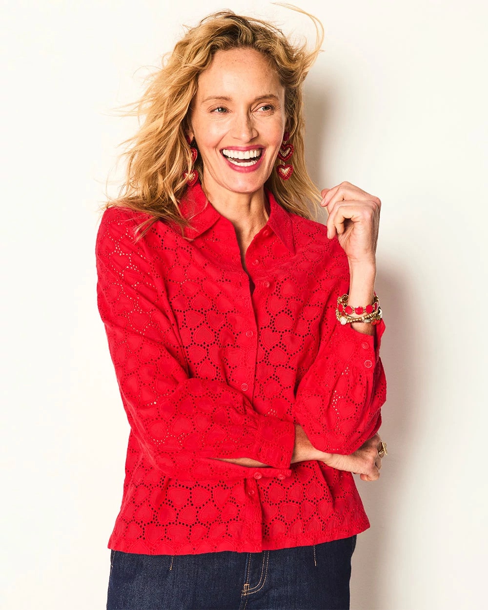 Chico's Women | Heart Eyelet Button Down Shirt LOVE LETTER RED