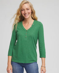 Chico's Women | Slub Splitneck Button Tee JARDIN GREEN