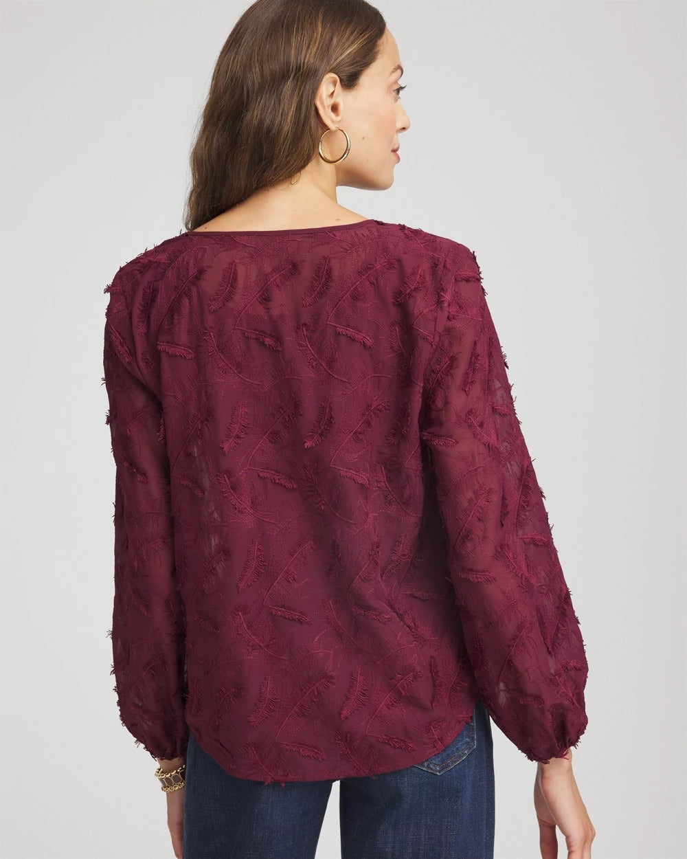 Chico's Women | Feathered Pullover Peasant Blouse DEEP CHIANTI