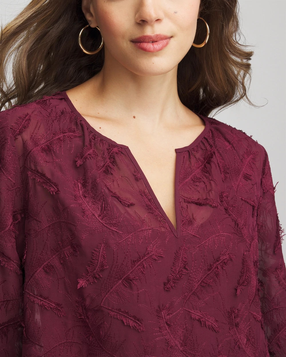 Chico's Women | Feathered Pullover Peasant Blouse DEEP CHIANTI