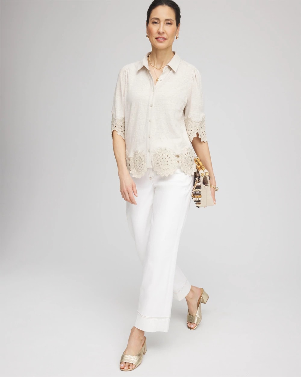 Chico's Women | Crochet Trim Linen Shirt RIVER ROCK