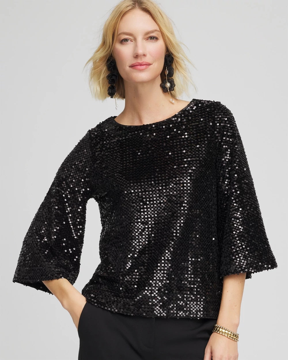 Chico's Women | Sparkling Sequin Party Tee BLACK