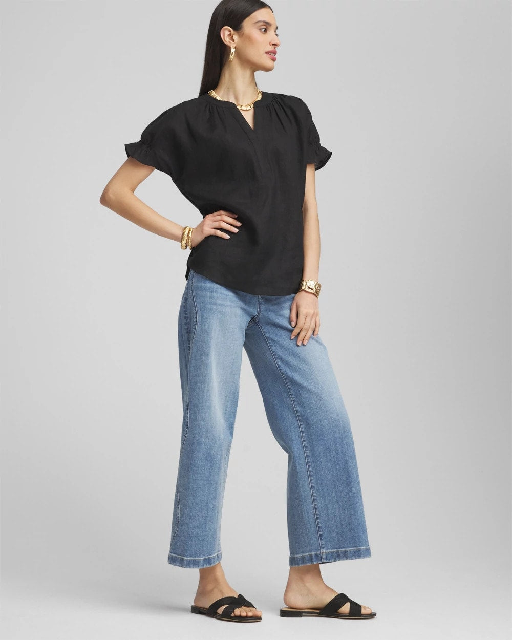 Chico's Women | Linen Flutter-Sleeve Popover Top BLACK