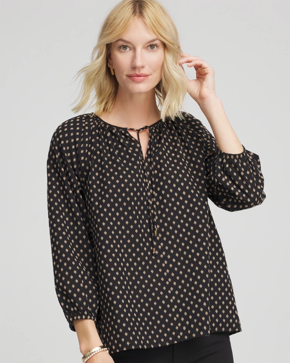 Chico's Women | Floral Print Tie-Neck Top BLACK
