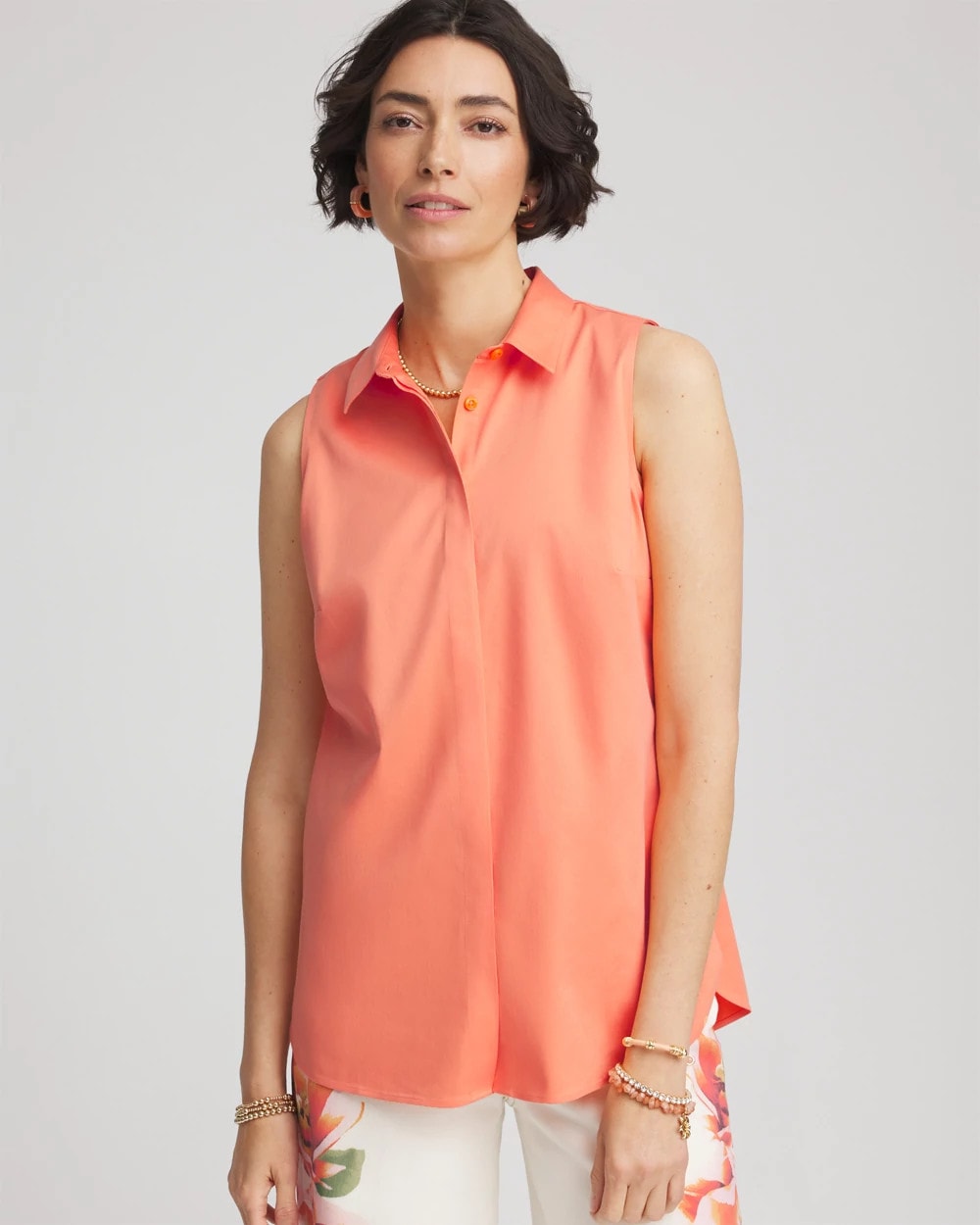Chico's Women | No Iron™ Sleeveless Sateen-Stretch Shirt SUNSET PEACH