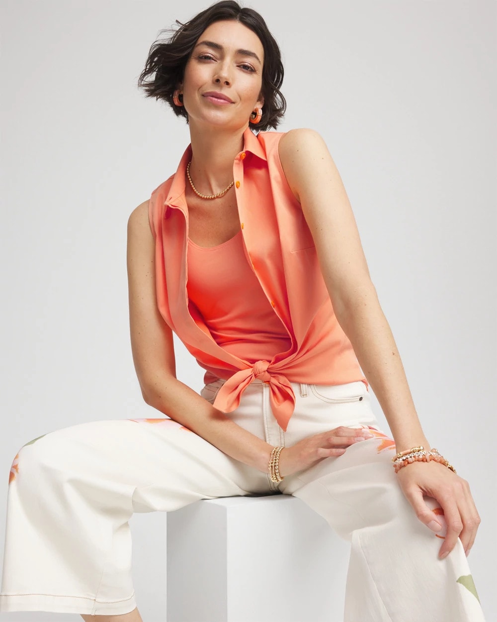 Chico's Women | No Iron™ Sleeveless Sateen-Stretch Shirt SUNSET PEACH