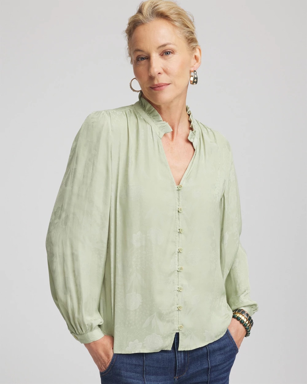 Chico's Women | Jacquard Georgette Peasant Blouse SAGE MEADOW
