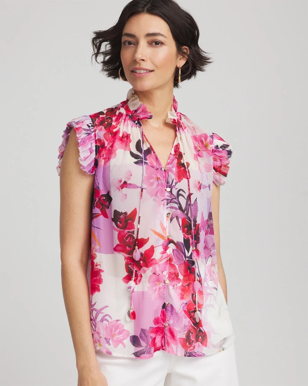 Chico's Women | Floral Ruffle Collar Blouse PLUM SHADE