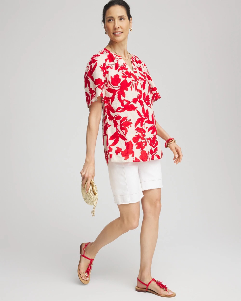 Chico's Women | Floral Linen Popover Shirt RED GLOW