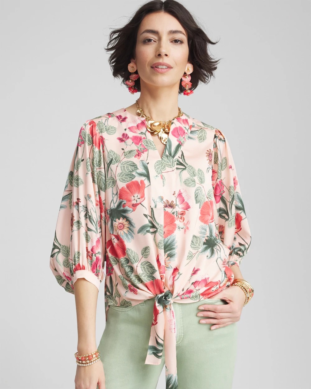 Chico's Women | Floral Satin Tie-Front Pullover Top CORAL BLOSSOM