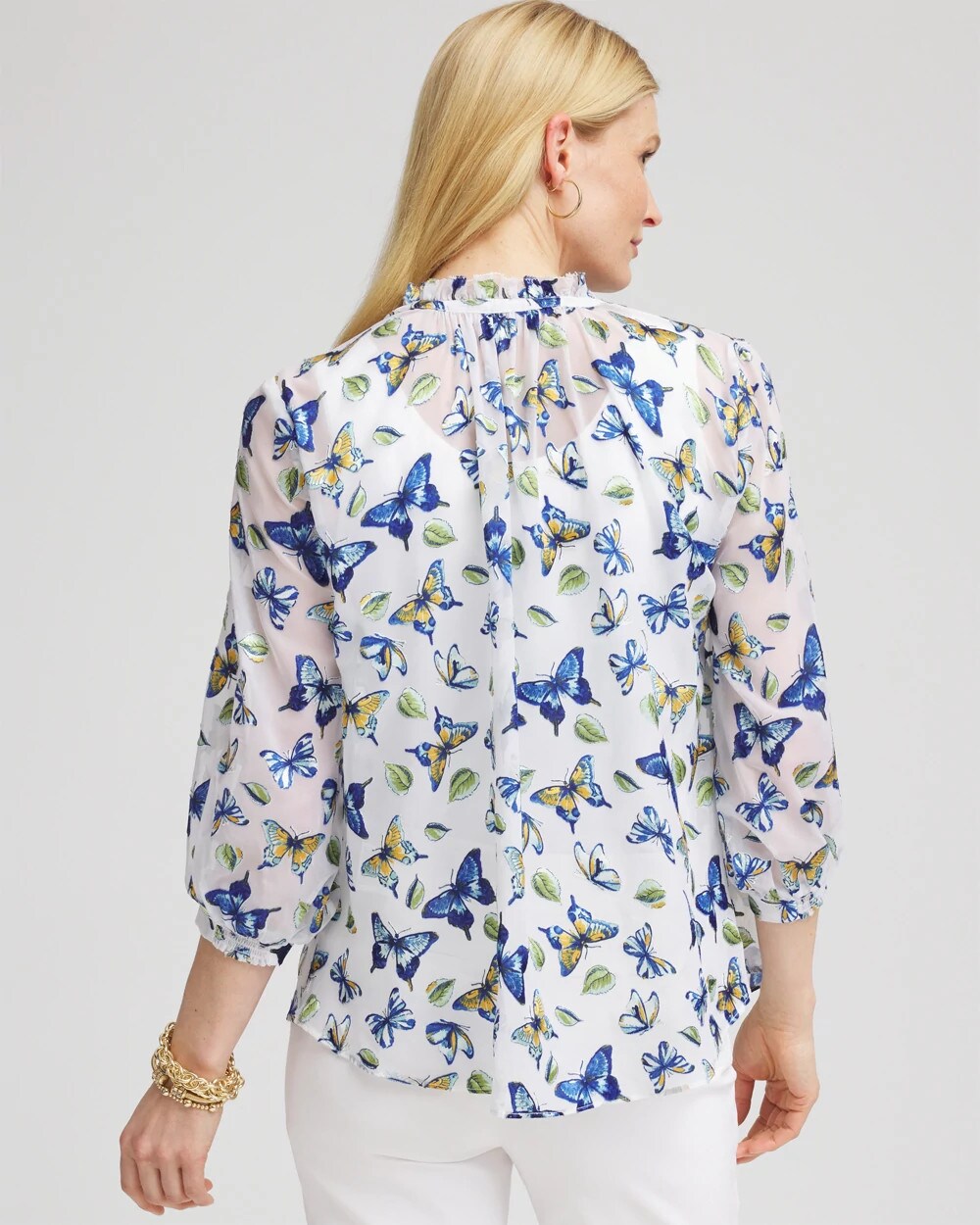 Chico's Women | Ruffle Collar Butterfly Burnout Blouse BLUE CASA