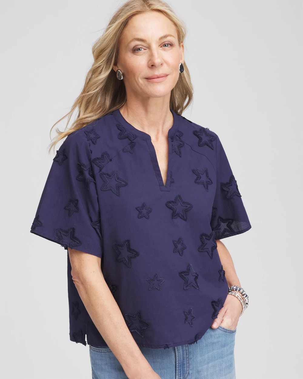 Chico's Women | Embroidered Star Split Neck Blouse PASSPORT BLUE